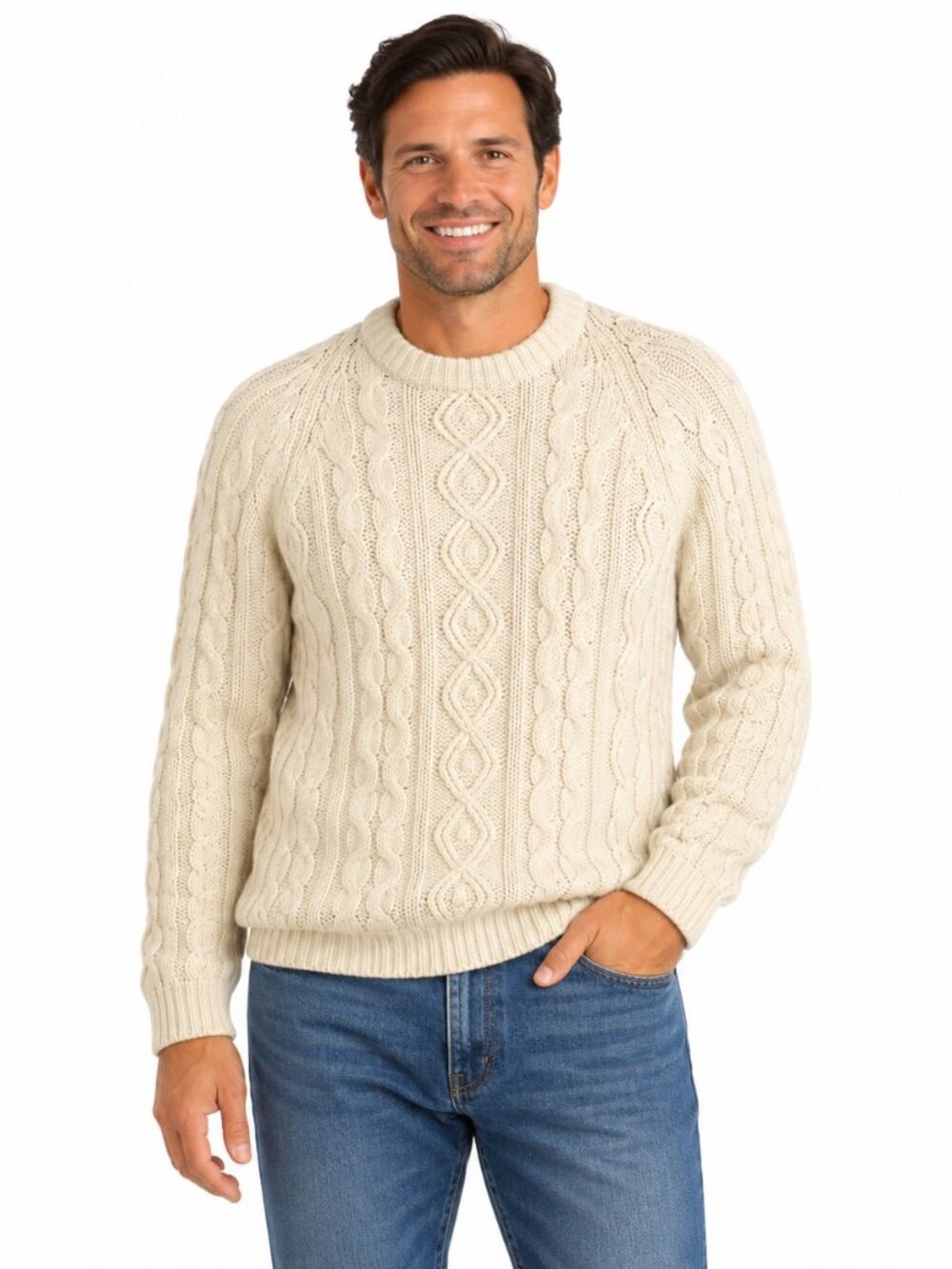 Vintage Sears The Men’s Store Cream Cable Knit Sweater Pullover Chunky Braided